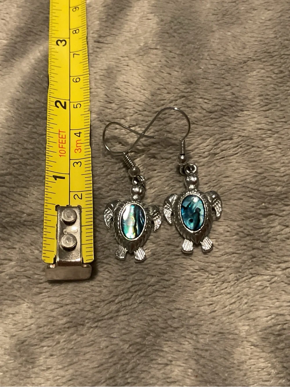Silver Turtle Dangle Earrings with Blue Abalone Inlay